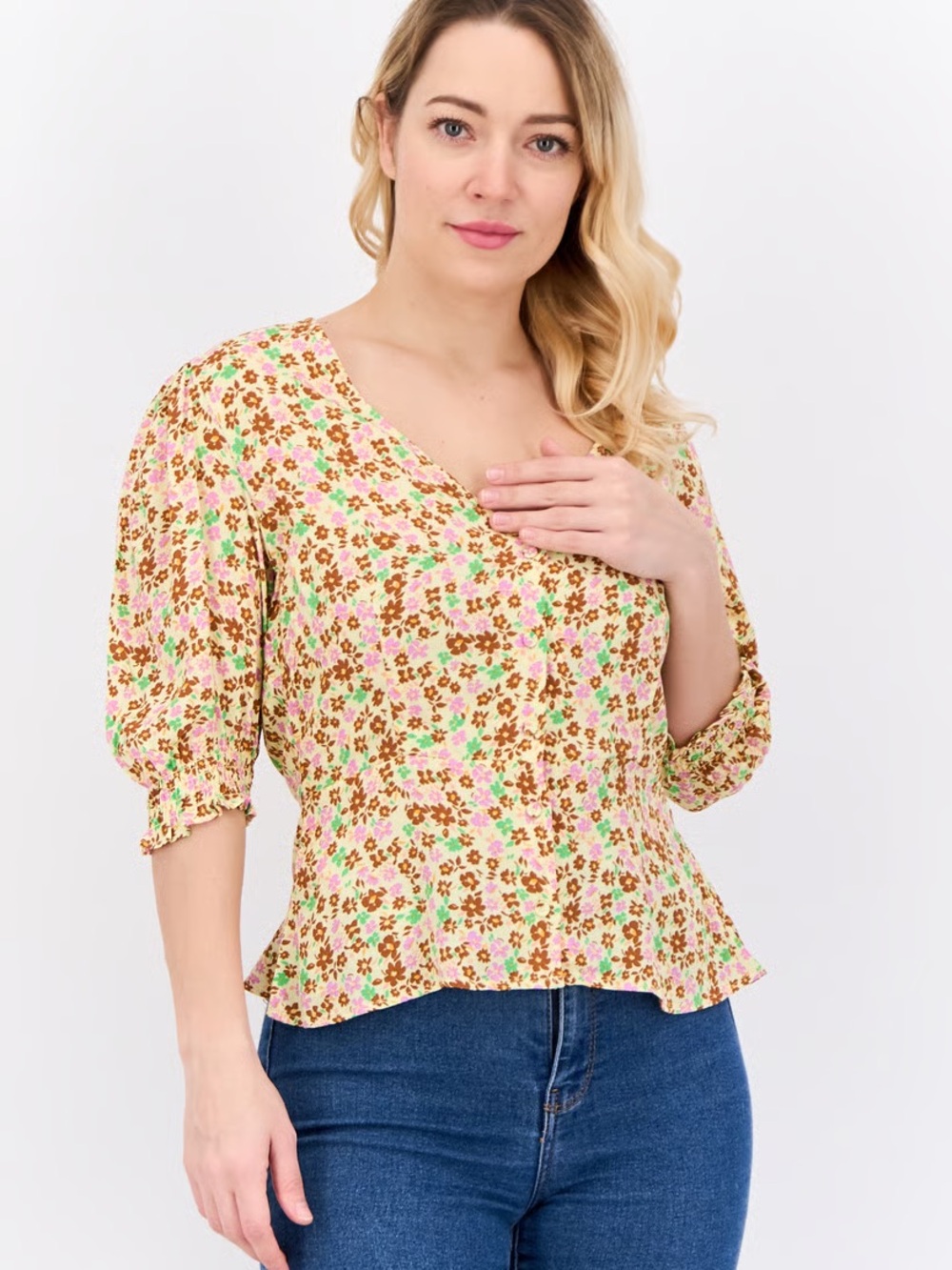Mango Floral Printed V-neck Balloon Puff Sleeve Peplum Blouse Top